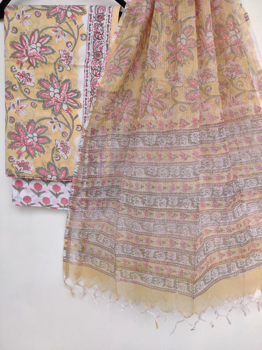 Hand Block Printed Cotton Suit with Cotton Kota Doria dupatta