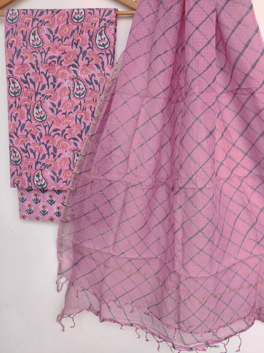 BLOCK PRINTED COTTON SUIT WITH LEHRIYA KOTA DORIA DUPATTA