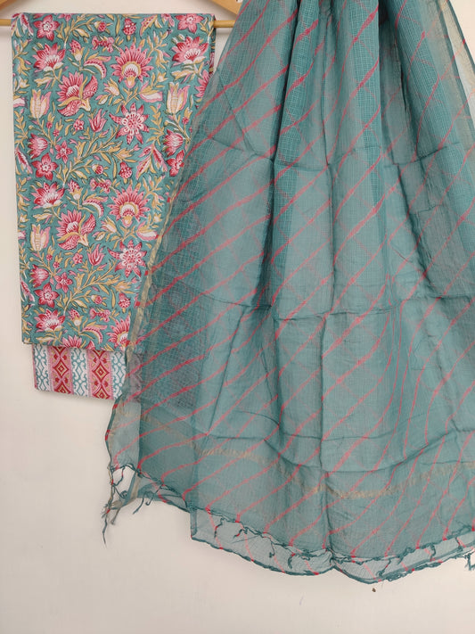 BLOCK PRINTED COTTON SUIT WITH LEHRIYA KOTA DORIA DUPATTA