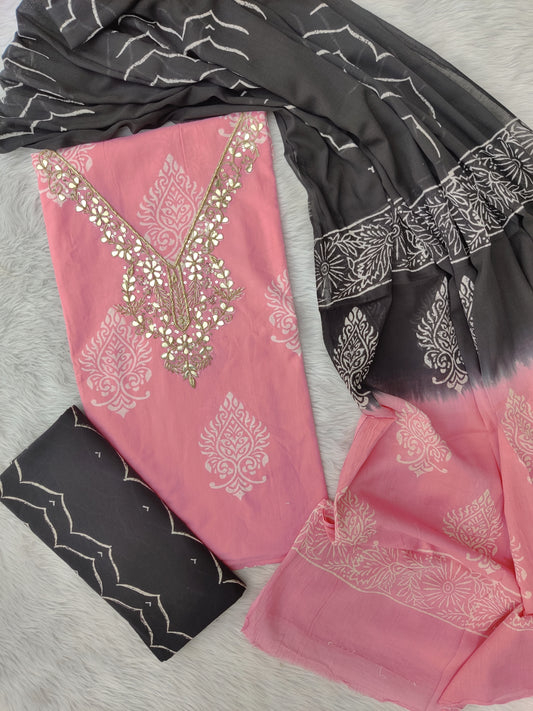 FLORAL PRINTED COTTON GOTA PATTI SUIT WITH COTTON DUPATTA