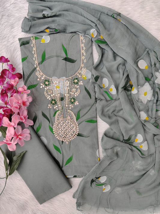 HAND PAINTED COTTON GOTA PATTI SUIT WITH CHIFFON DUPATTA