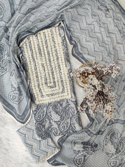 Exclusive Cotton Printed Neck Work Suits with mulmul dupatta