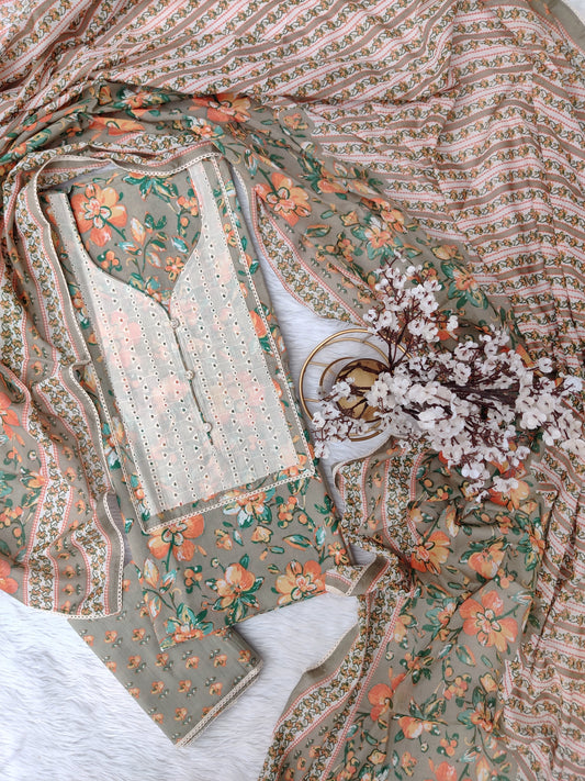 Exclusive Cotton Printed Neck Work Suits with mulmul dupatta