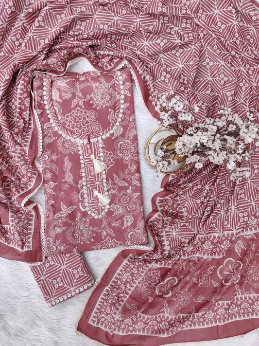 Exclusive Cotton Printed Neck Work Suits with mulmul dupatta