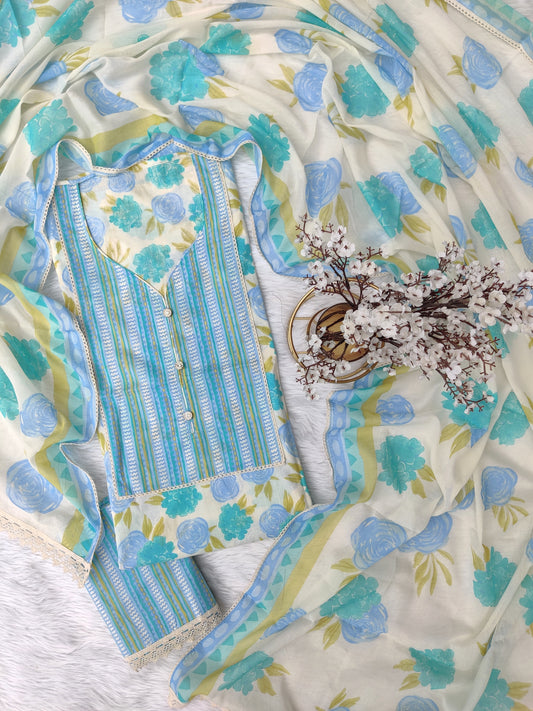 Exclusive Cotton Printed Neck Work Suits with mulmul dupatta