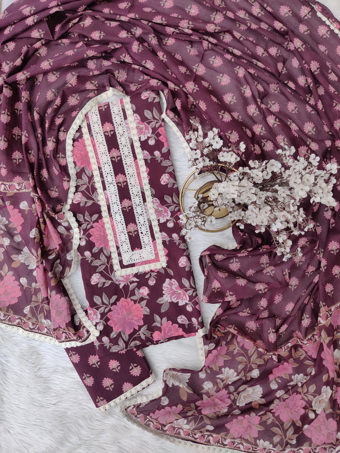 Exclusive Cotton Printed Neck Work Suits with mulmul dupatta