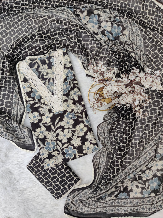 Exclusive Cotton Printed Neck Work Suits with mulmul dupatta