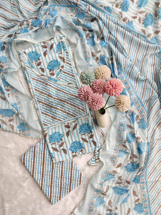 Exclusive Cotton Printed Neck Work Suits with mulmul dupatta