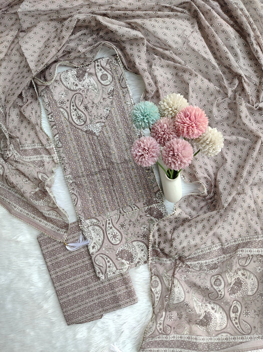 Exclusive Cotton Printed Neck Work Suits with mulmul dupatta