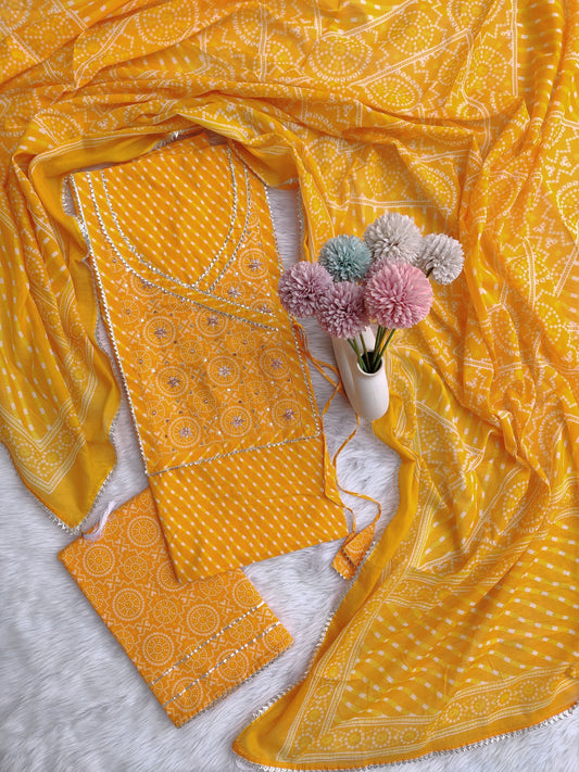 Exclusive Cotton Printed Neck Work Suits with mulmul dupatta