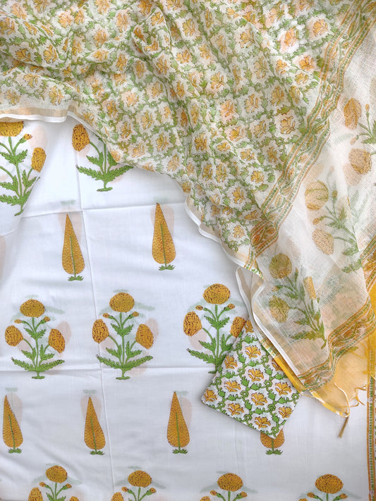 Hand Block Printed Cotton Suit with Cotton Kota Doria dupatta