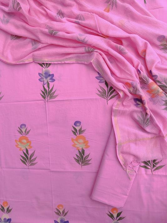Hand Painted Cotton Suit with Cotton Kota Doria Dupatta