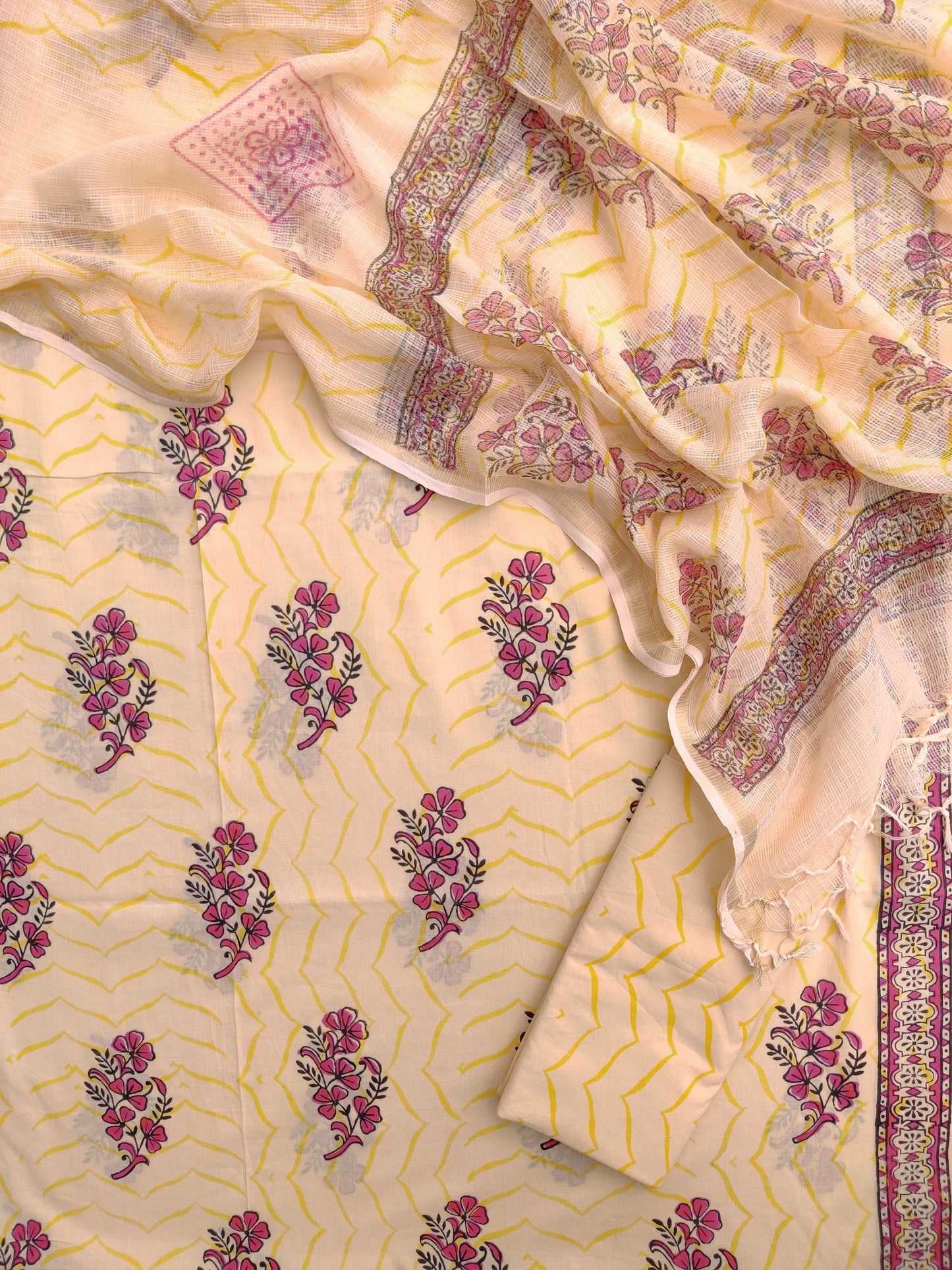 Hand Block Printed Cotton Suit with Cotton Kota Doria dupatta