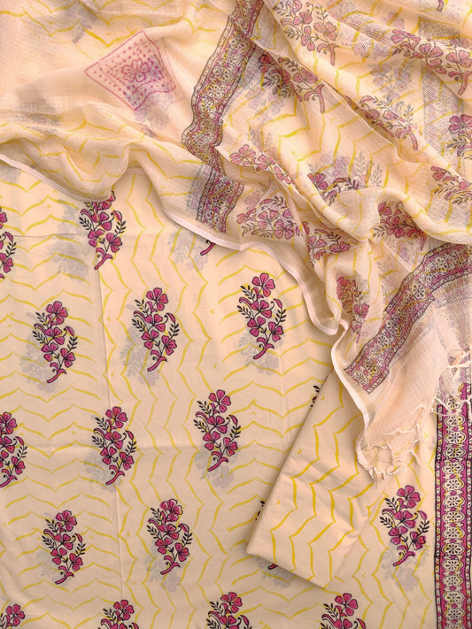 Hand Block Printed Cotton Suit with Cotton Kota Doria dupatta