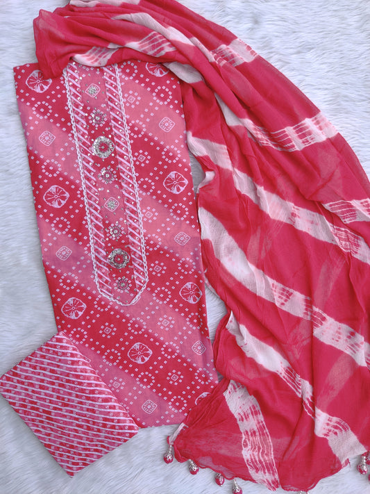 NEW LAUNCH                    Exclusive Unstitched Cotton Neck Work Suits with Chiffon Dupatta