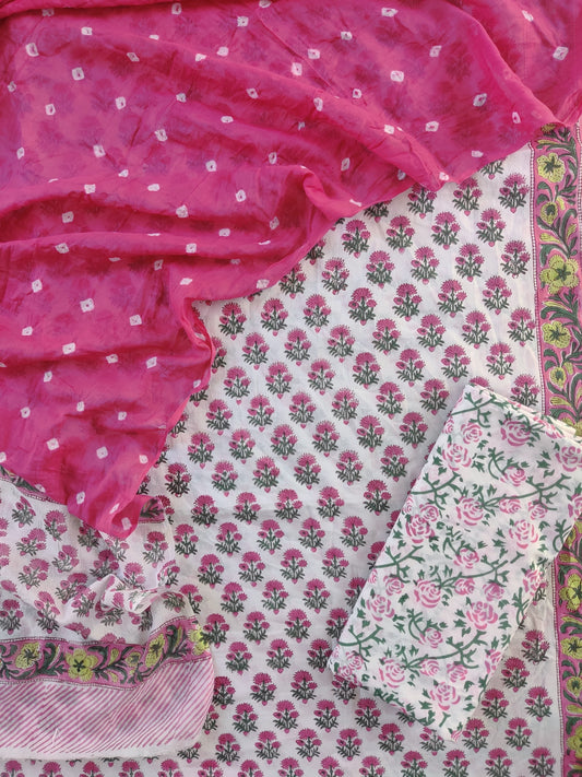 Hand Block Printed Cotton Suits with Mulmul Bandhej Dupatta