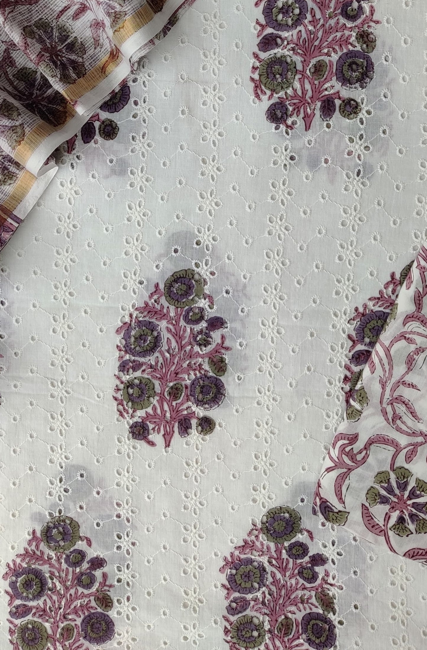 Hand Block Printed Cotton Schiffli Suit with Kota Doria Dupatta