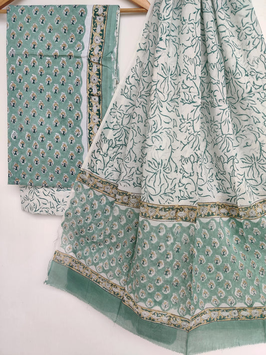 Hand Block Printed Unstitched Cotton Suit with Mulmul Dupatta