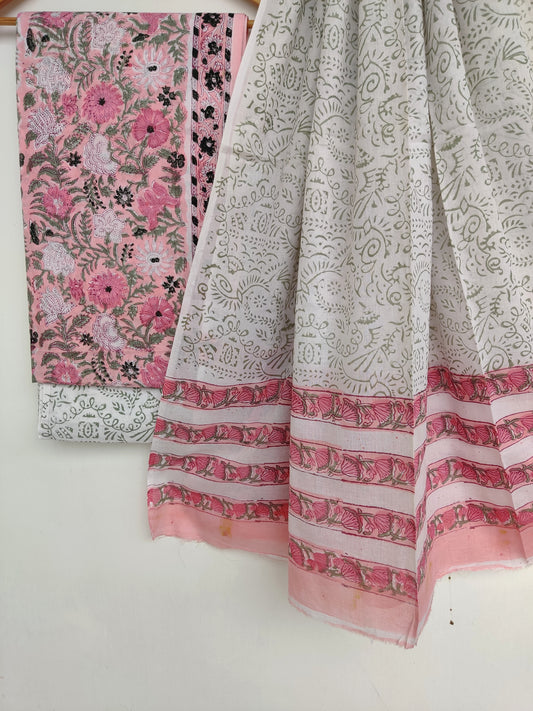 Hand Block Printed Unstitched Cotton Suit with Mulmul Dupatta