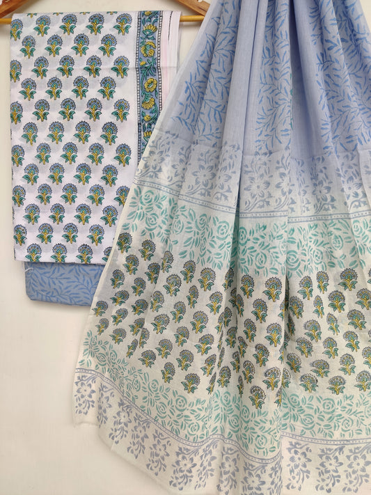 Hand Block Printed Unstitched Cotton Suit with Mulmul Dupatta