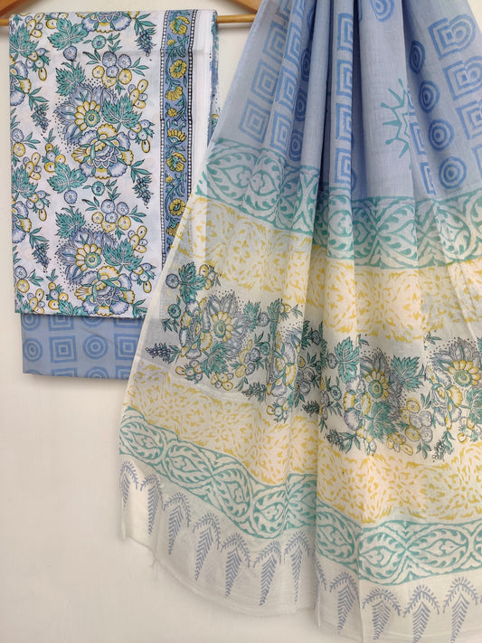 Hand Block Printed Unstitched Cotton Suit with Mulmul Dupatta