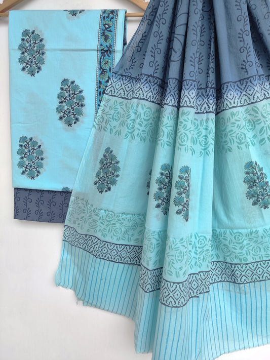 Hand Block Printed Unstitched Cotton Suit with Mulmul Dupatta