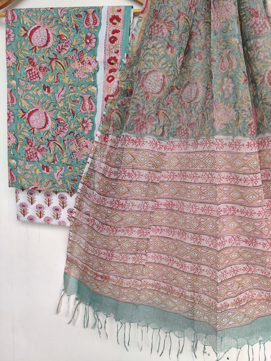 Hand Block Printed Cotton Suit with Cotton Kota Doria dupatta