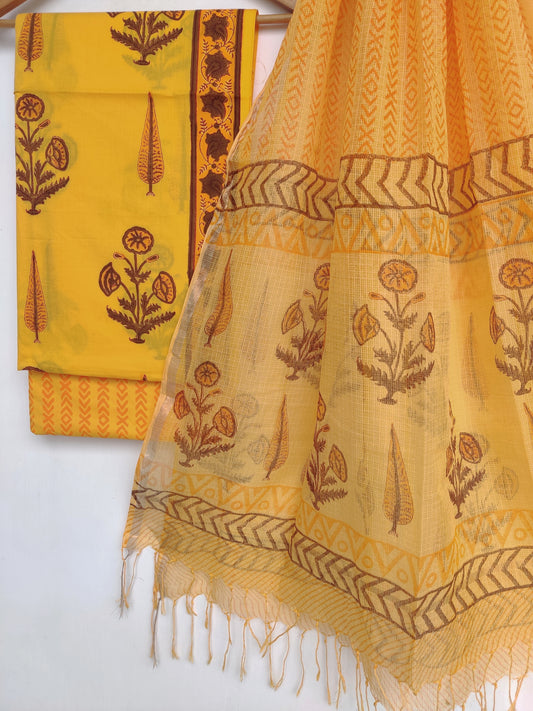 Hand Block Printed Cotton Suit with Cotton Kota Doria dupatta