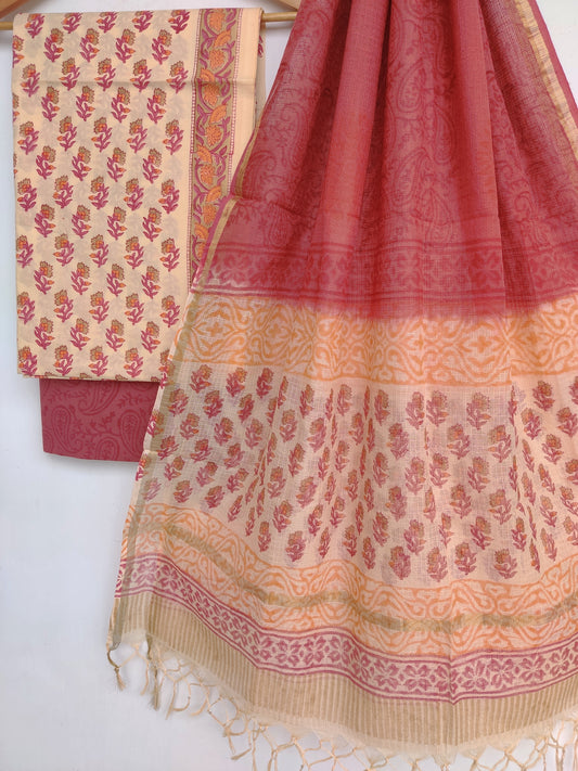 Hand Block Printed Cotton Suit with Cotton Kota Doria dupatta