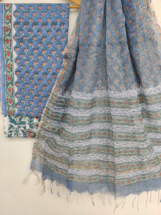 Hand Block Printed Cotton Suit with Cotton Kota Doria dupatta