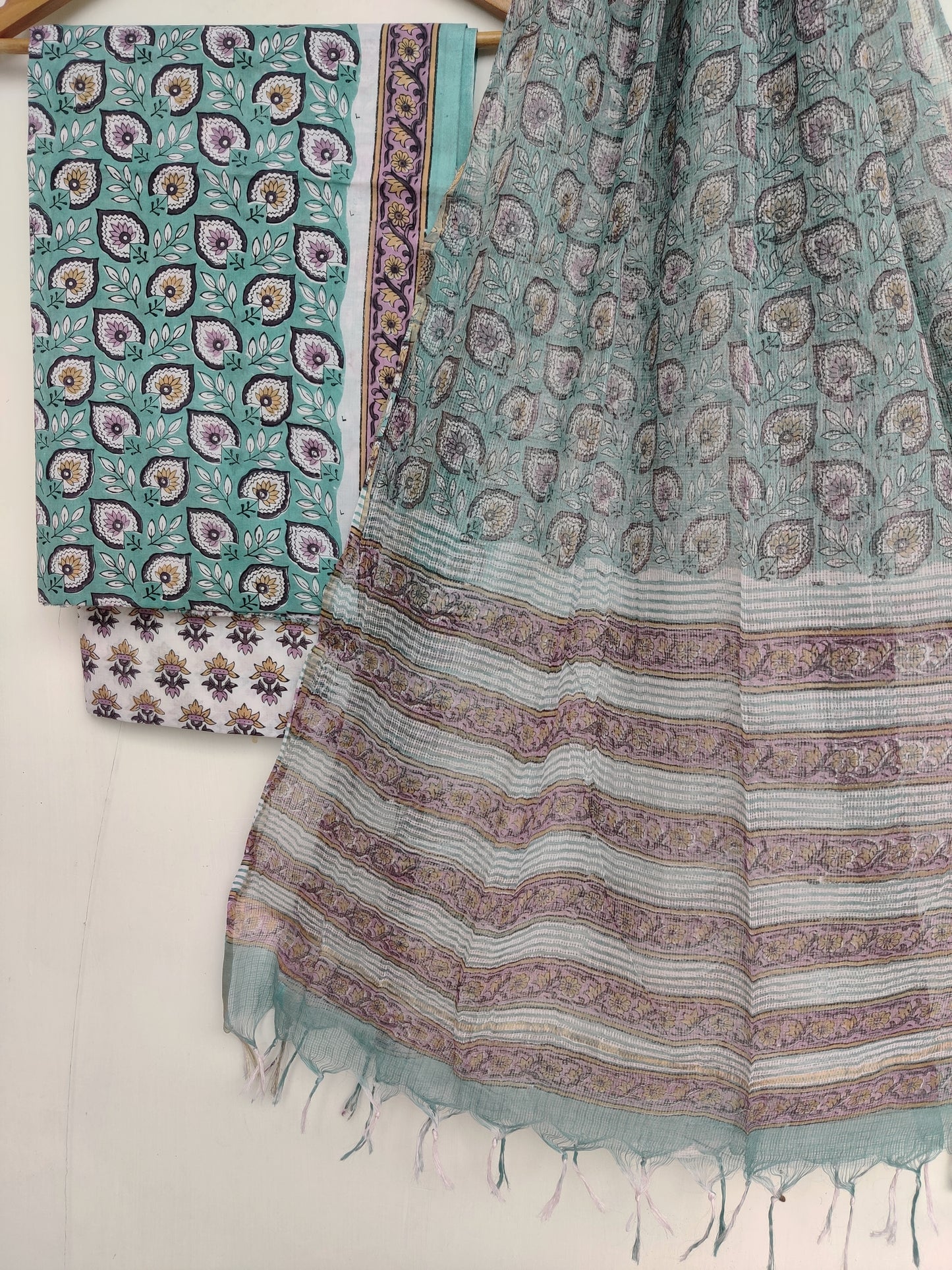 Hand Block Printed Cotton Suit with Cotton Kota Doria dupatta