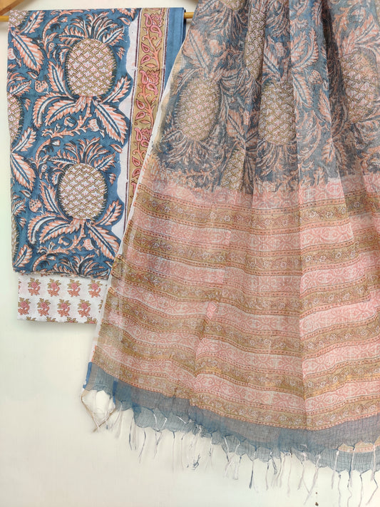Hand Block Printed Cotton Suit with Cotton Kota Doria dupatta