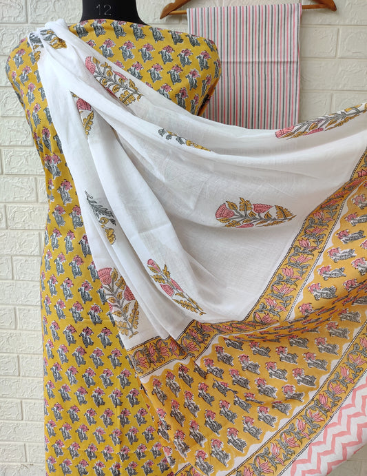 Hand Block Printed Unstitched Cotton Suit with Mulmul Dupatta