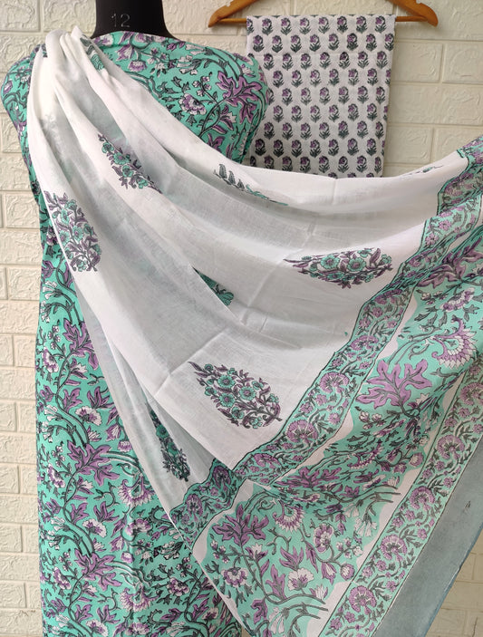 Hand Block Printed Unstitched Cotton Suit with Mulmul Dupatta