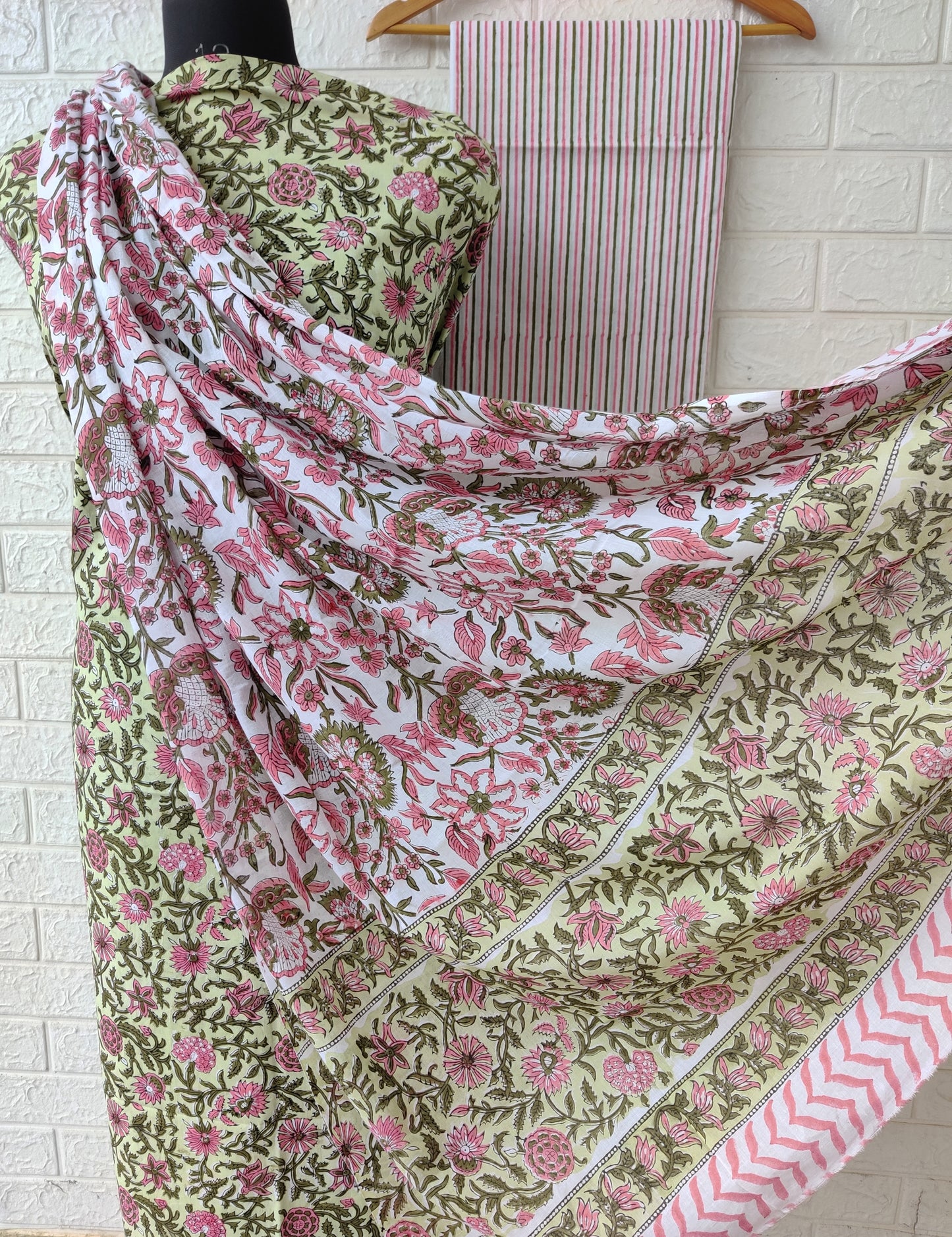 Hand Block Printed Unstitched Cotton Suit with Mulmul Dupatta