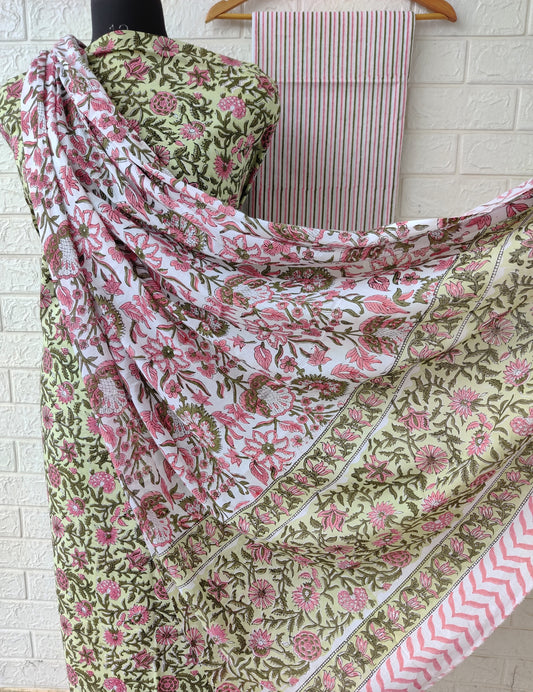 Hand Block Printed Unstitched Cotton Suit with Mulmul Dupatta