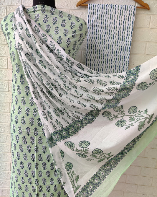 Hand Block Printed Unstitched Cotton Suit with Mulmul Dupatta
