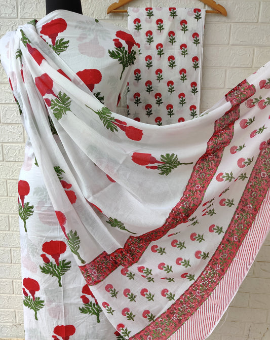 Hand Block Printed Unstitched Cotton Suit with Mulmul Dupatta