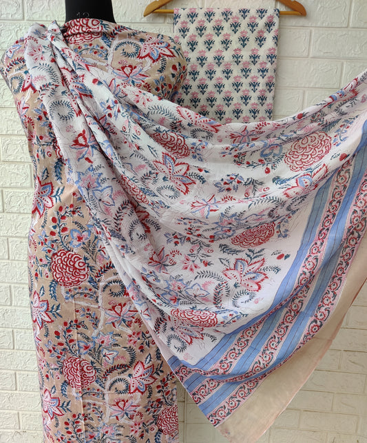 Hand Block Printed Unstitched Cotton Suit with Mulmul Dupatta