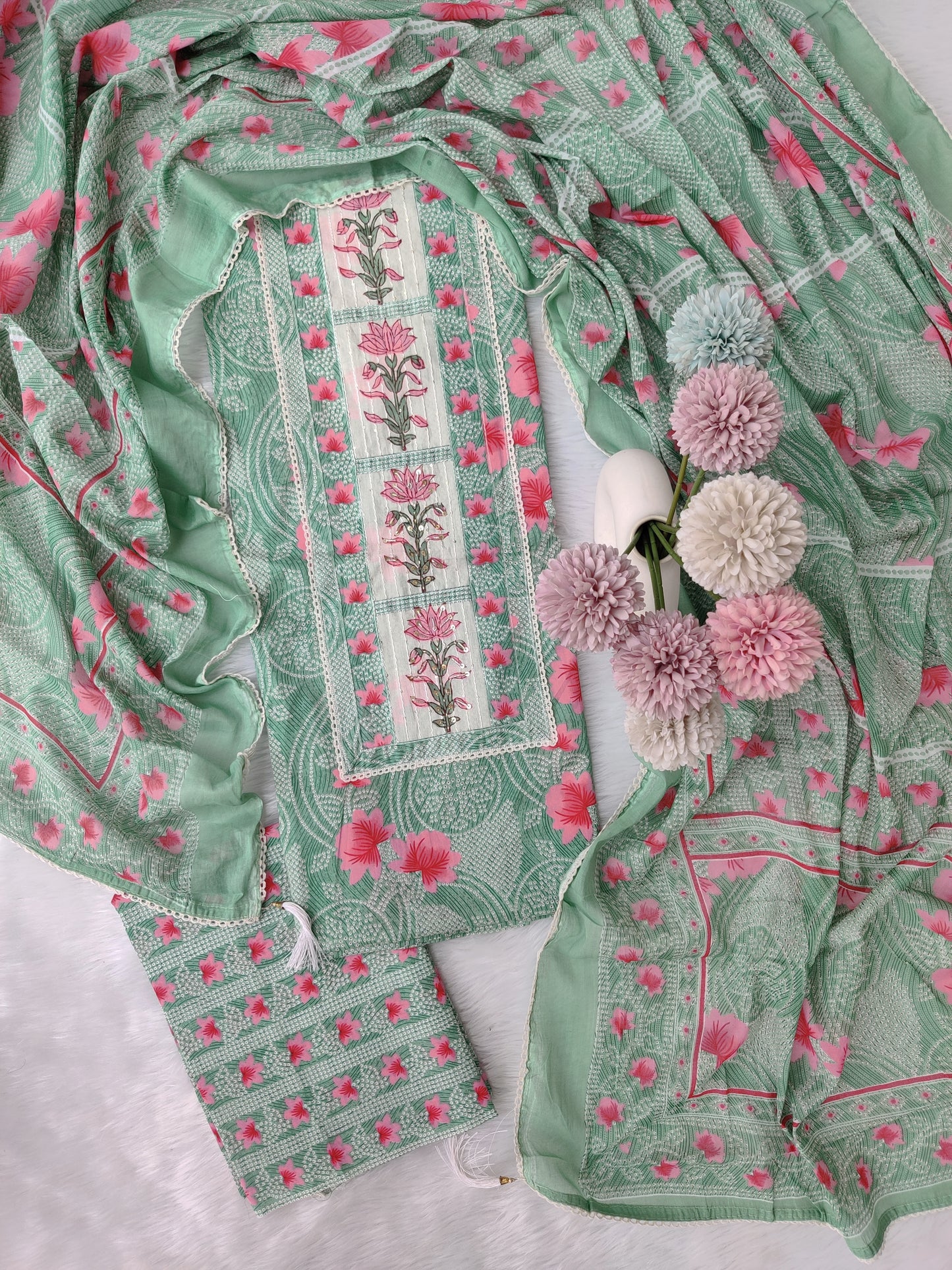 Exclusive Cotton Printed Neck Work Suits with mulmul dupatta