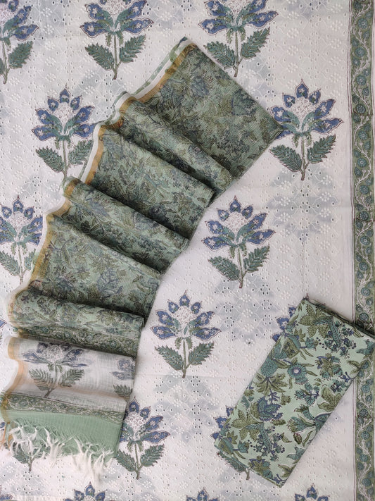 Hand Block Printed Cotton Schiffli Suit with Kota Doria Dupatta