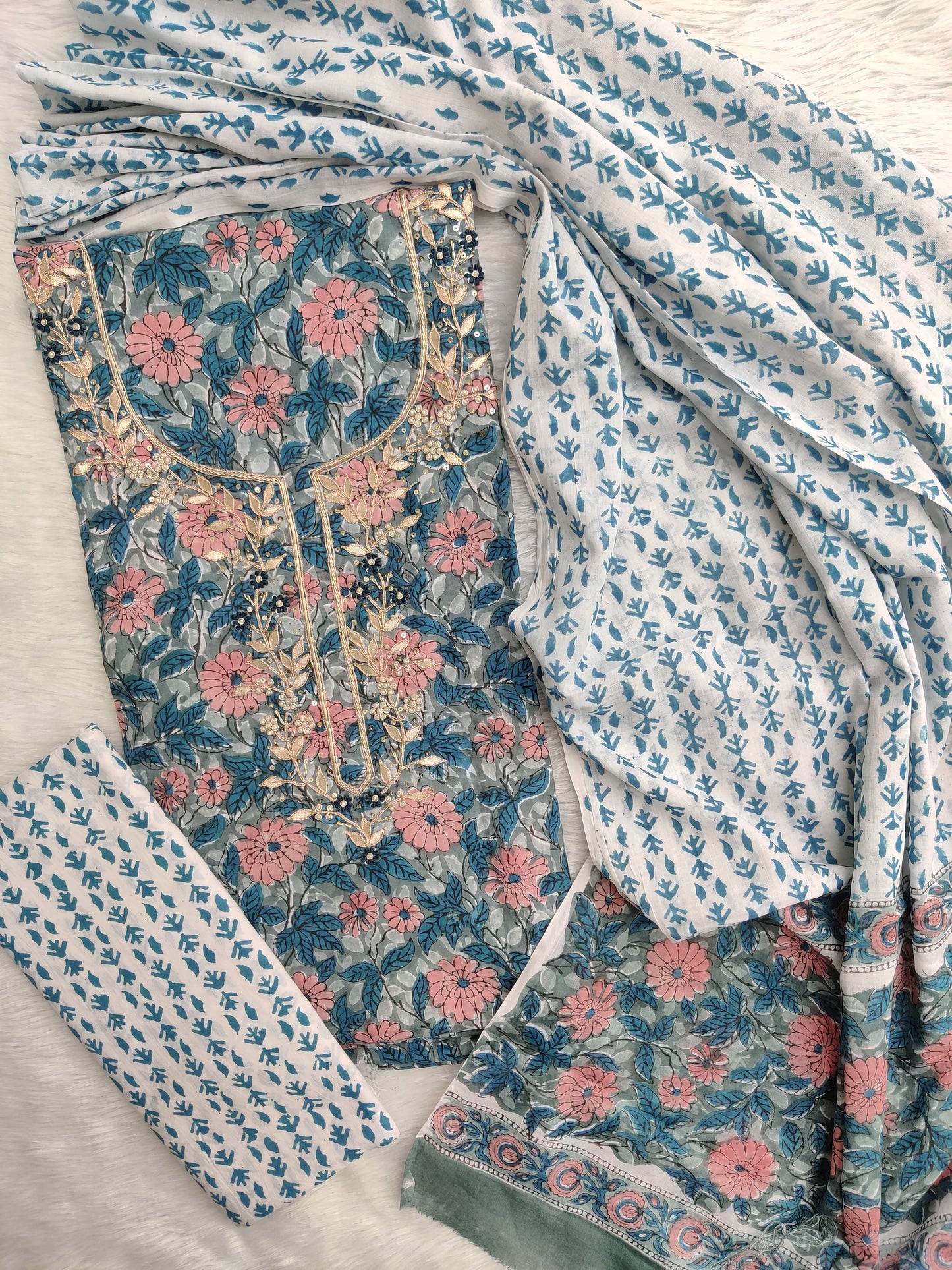 FLORAL PRINTED COTTON GOTA PATTI SUIT WITH COTTON DUPATTA