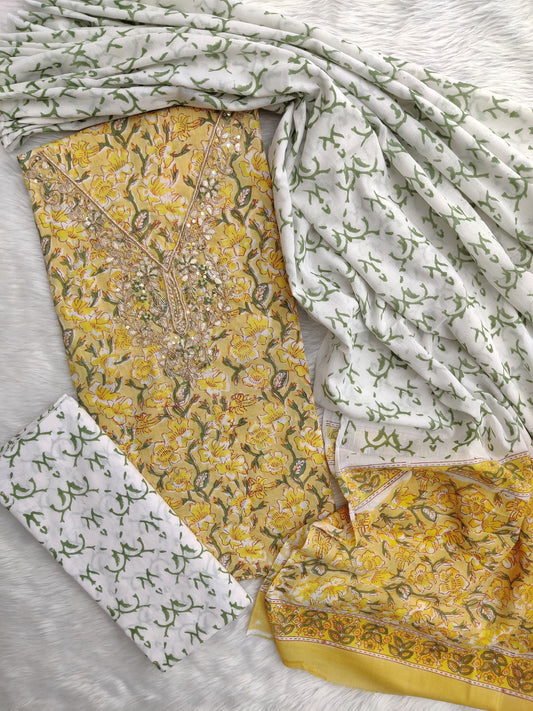 FLORAL PRINTED COTTON GOTA PATTI SUIT WITH COTTON DUPATTA