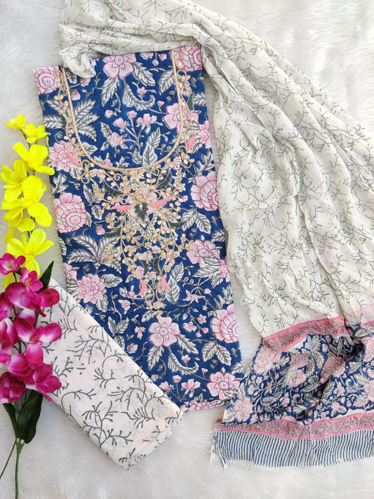 FLORAL PRINTED COTTON GOTA PATTI SUIT WITH CHIFFON DUPATTA