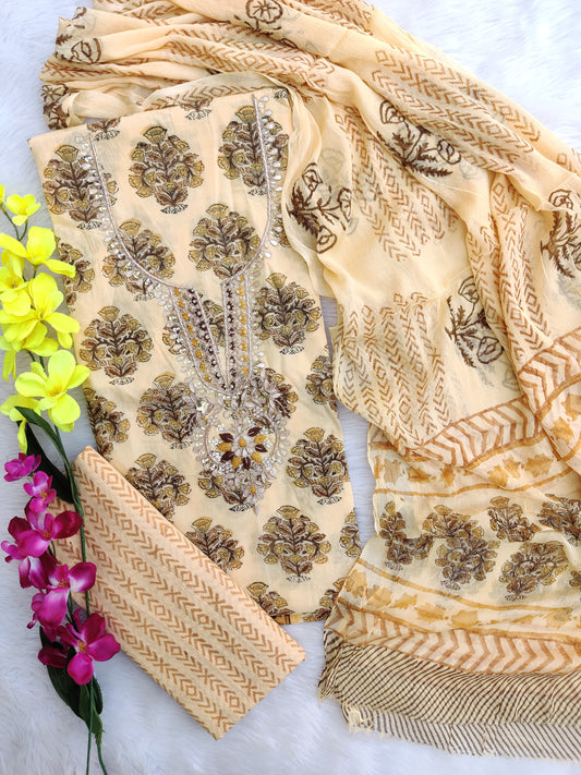 FLORAL PRINTED COTTON GOTA PATTI SUIT WITH CHIFFON DUPATTA