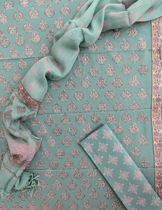 Hand Block Printed Discharge Cotton Suit with Cotton Kota Doria dupatta.
