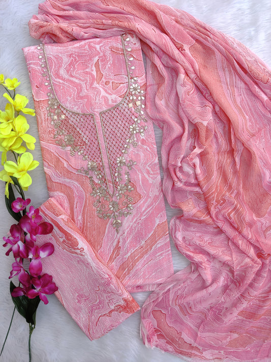 FLORAL PRINTED COTTON GOTA PATTI SUIT WITH CHIFFON DUPATTA