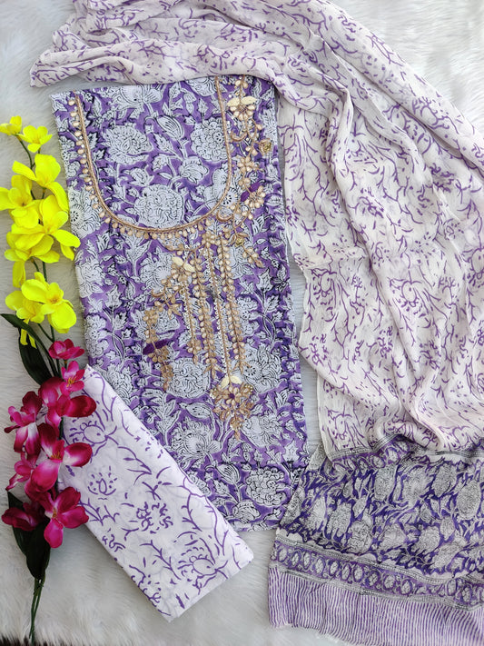 FLORAL PRINTED COTTON GOTA PATTI SUIT WITH CHIFFON DUPATTA