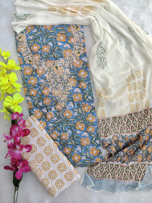 FLORAL PRINTED COTTON GOTA PATTI SUIT WITH CHIFFON DUPATTA