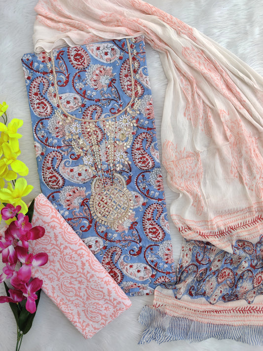 FLORAL PRINTED COTTON GOTA PATTI SUIT WITH CHIFFON DUPATTA